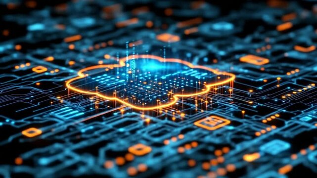 Digital cloud graphic on circuit board.