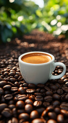 Fototapeta premium Modern cup of coffee with scattered beans set against a scenic coffee field, offering ample copy space. Symbolizes freshness, origin, and the journey from farm to cup in a minimalist vertical layout. 