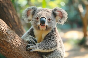 Fototapeta premium Koala clings to a tree branch, nature view