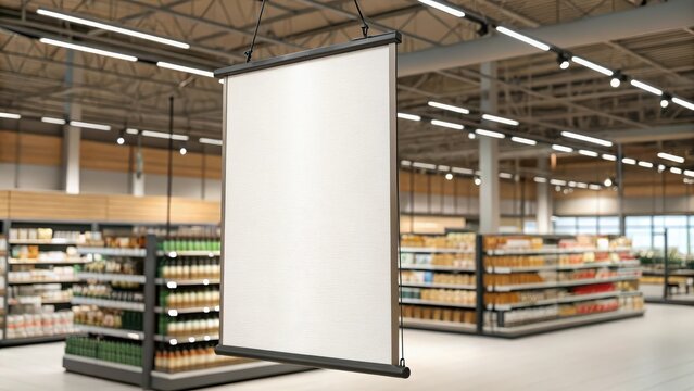 Blank sign hanging in a supermarket aisle mockup