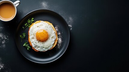 Plate with tasty egg Benedict and cup of coffee on black background.