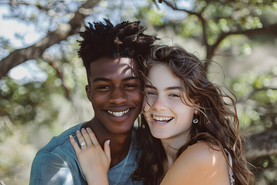 Joyful interracial couple embracing outdoors