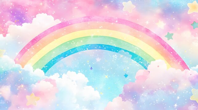 Pastel rainbow adorned with clouds and stars.