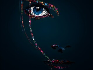 Enigmatic Gaze: A mesmerizing close-up illustration of a woman's face, crafted from vibrant, colorful floral elements, showcasing captivating artistic expression.