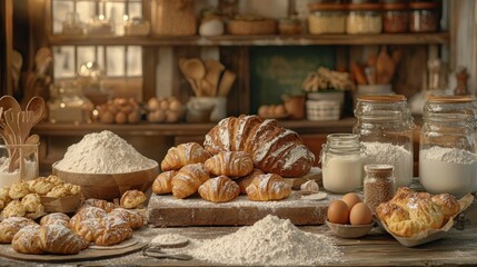 Rustic bakery display with croissants, bread, and ingredients