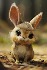 Obraz premium Cute fluffy bunny with big eyes sitting in the woods