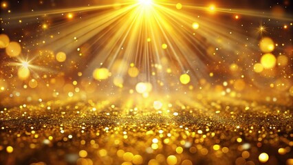 Glowing gold light rays in a vibrant abstract background, with defocused lights creating a dreamy atmosphere, neon-like light, golden bokeh