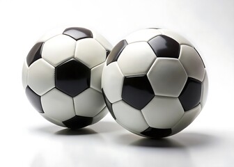 Two soccer balls are positioned side by side against a plain isolated on white background