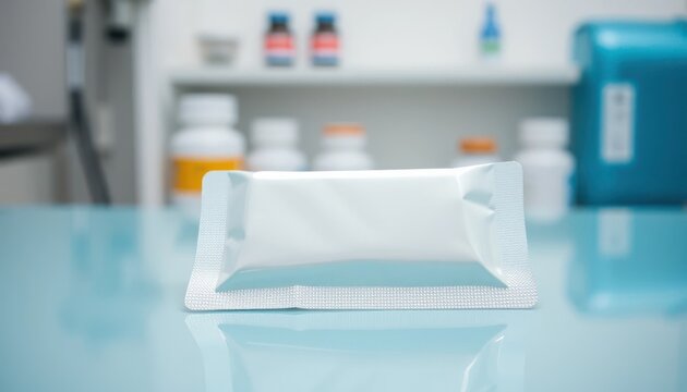 Pharmaceutical single dose packaging standing on a light blue surface with blurred background in a clean hospital environment