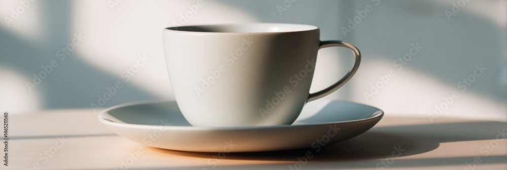 Aufkleber modern white mug with saucer on a wooden table illuminated by soft lighting in a cozy indoor space g