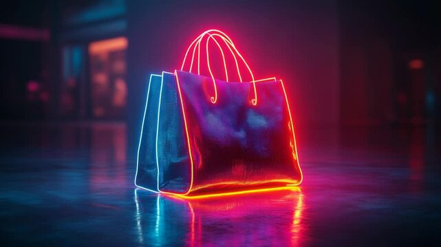 Neon shopping bag on a dark floor.