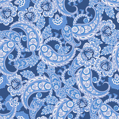 Turkish Cucumber Paisley seamless vector pattern in traditional Oriental style. Decorated with flowers, leaves, and fantasy elements, for fabric, textile and wallpaper covers