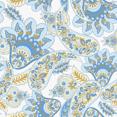 Turkish Cucumber Paisley seamless vector pattern in traditional Oriental style. Decorated with flowers, leaves, and fantasy elements, for fabric, textile and wallpaper covers