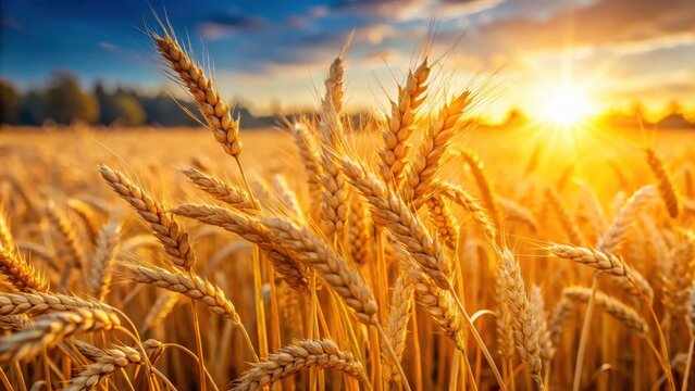 Golden wheat stalks glowing in the sun, rural scenery, rustic landscape,  rural scenery