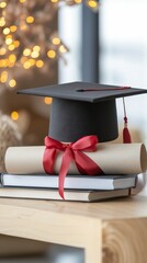 Graduation Cap with Rolled-up Diploma and Books, Symbolizing Achievement