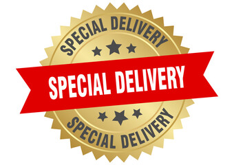 special delivery. special delivery round red and gold label isolated on transparent background
