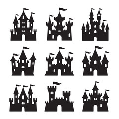 Enchanting Castle Silhouettes: A captivating ensemble of nine different black castle silhouettes, perfect for evoking a sense of fantasy, history, or architectural design.