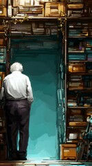 Fototapeta premium The Scholar's Enigmatic Passage: An older individual is seen from the back, walking through a doorway, a portal into a world of boundless knowledge. Surrounded by towering shelves packed with books.