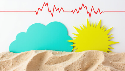 Stylized red ECG line on textured sand with sun and cloud motifs, summer and health concept for insurance symbolism and seasonal marketing