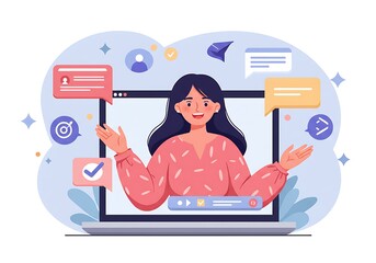 Smiling Woman on Laptop Screen, Online Communication, Video Conference