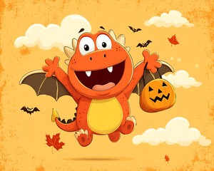 Naklejka premium Cute dragon with Halloween pumpkin
