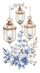 Fototapeta premium Elegant hanging lanterns with blue floral arrangement
