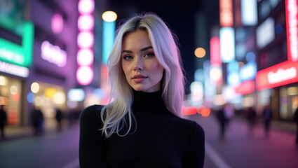 Fototapeta premium A beautiful woman, illuminated by neon lights, stands confidently on a city street at night