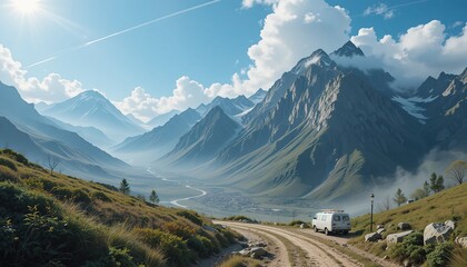 Van on Winding Mountain Road Overlooking Valley with Distant Pea