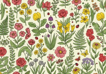 Hand-drawn Floral Pattern: Butterflies, Ladybugs & Wildflowers