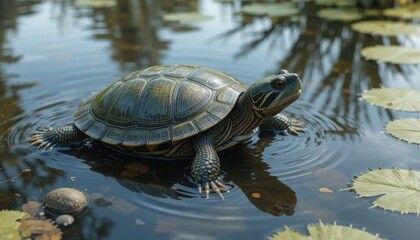 Fototapeta premium Serene Turtle in a Tranquil Pond: A Glimpse of Nature's Peace