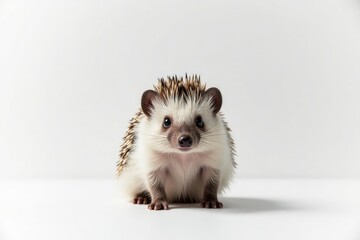 A lone hedgehog, perfectly centered against a stark white backdrop , nature, isolated