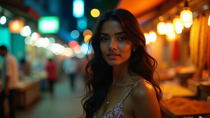 Fototapeta premium A beautiful woman with long dark hair looking intently at the camera, standing on a bustling night market street, with bright lights blurring in the background.