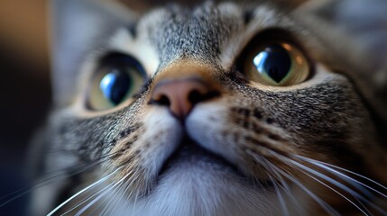 Close-up Perspective of a Tabby Cat's Face with Focus on Whiskers, Nose, and Green Eyes Looking Upward
