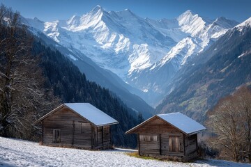 A winter wonderland awaits in the Austrian Alps, where frozen trees and traditional alpine huts create a beautiful scene