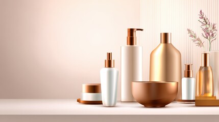 Elegant arrangement of skincare products on a minimalist shelf with soft background lighting