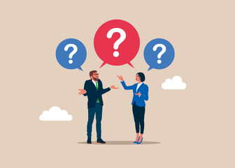 Working problem. Symbol of misunderstanding, negotiation problems, miscommunication, argument. Business people thinking and asking questions. Modern flat vector illustration.