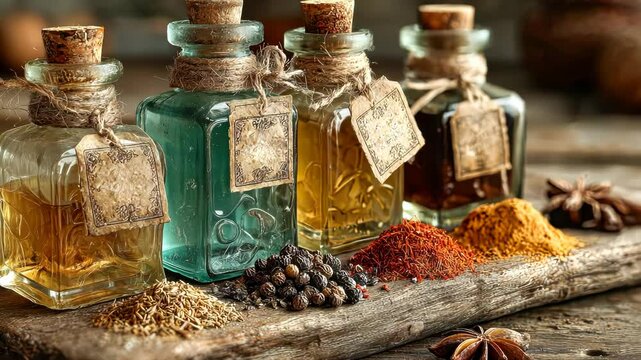 Assorted spices and essential oils arranged on a rustic wooden board, evoking rich aroma and traditional flavors