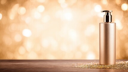 Elegant gold cosmetic bottle on wooden surface with sparkling background and soft bokeh effect
