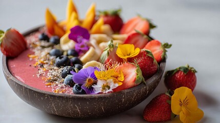 Colorful Smoothie Bowl With Fresh Fruits and Edible Flowers for a Healthy Breakfast