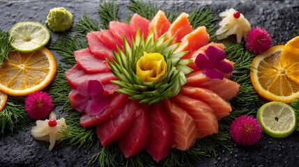 Delicate Sashimi Platter Beautifully Arranged With Fresh Fish and Vibrant Garnishes
