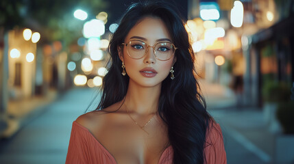 Obraz premium Asian Woman at Night in Urban Street Scene 