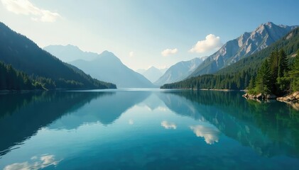 Fototapeta premium Distinctive shoreline, irregular outline shapes mirroring in the water, outdoor, picturesque