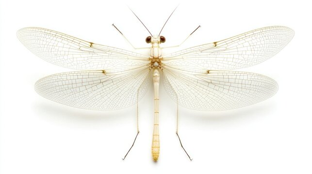 A mayfly with delicate wings resting on a white background