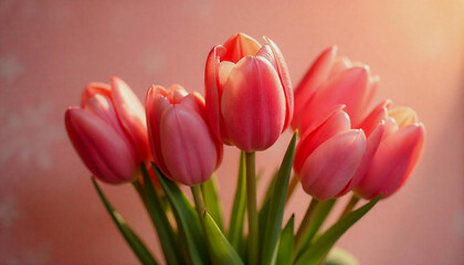 Fototapeta premium Close-up of a bouquet of pink tulips against a pink background.