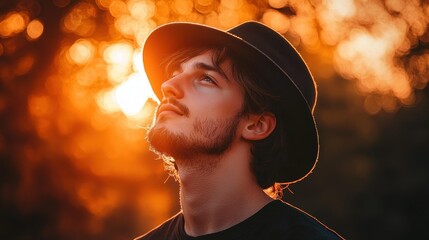 Man gazing upwards at sunset