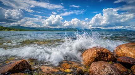 Ocean Water Splashing on Rocks on Sunny Day.