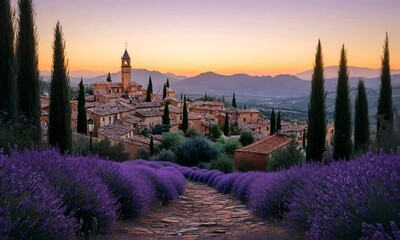 Scenic lavender fields at sunset over a medieval village. - Powered by Adobe