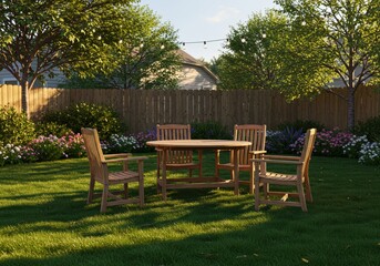 Outdoor wooden table and chairs set on green lawn with trees and flowers in the background at daytime