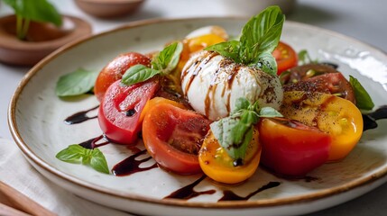 Elegant Salad Plate Featuring Fresh Heirloom Tomatoes With Basil and Balsamic Drizzle