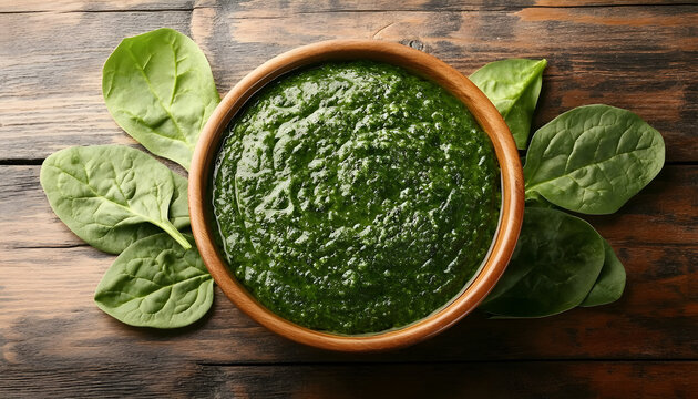 Delicious spinach sauce in bowl and leaves on wooden table, flat lay